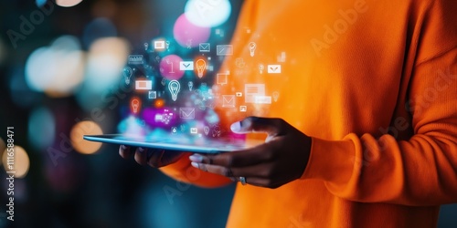 A person in a bright orange sweater holding a digital stylus, interacting with a floating holographic interface