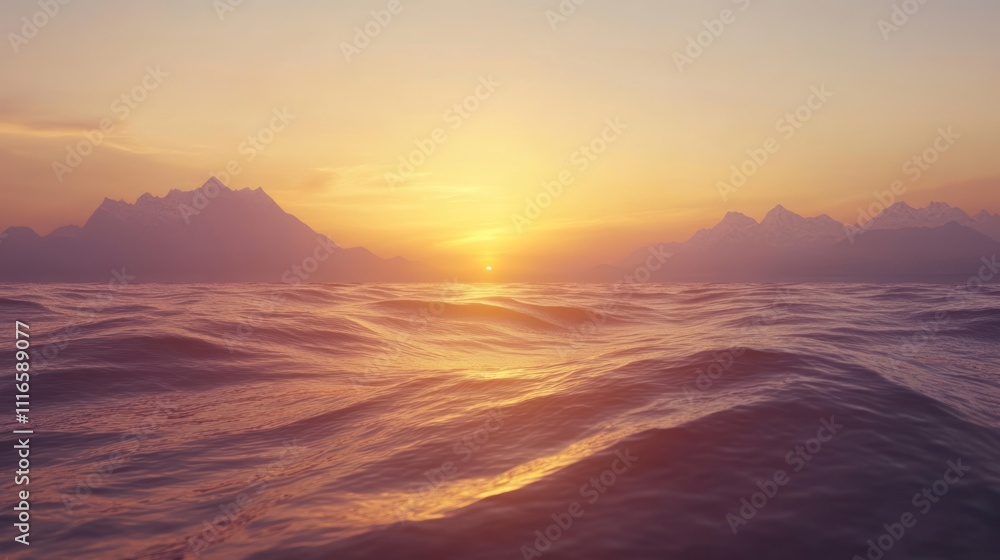 Fototapeta premium Serene sunset over calm ocean waves with distant mountains.