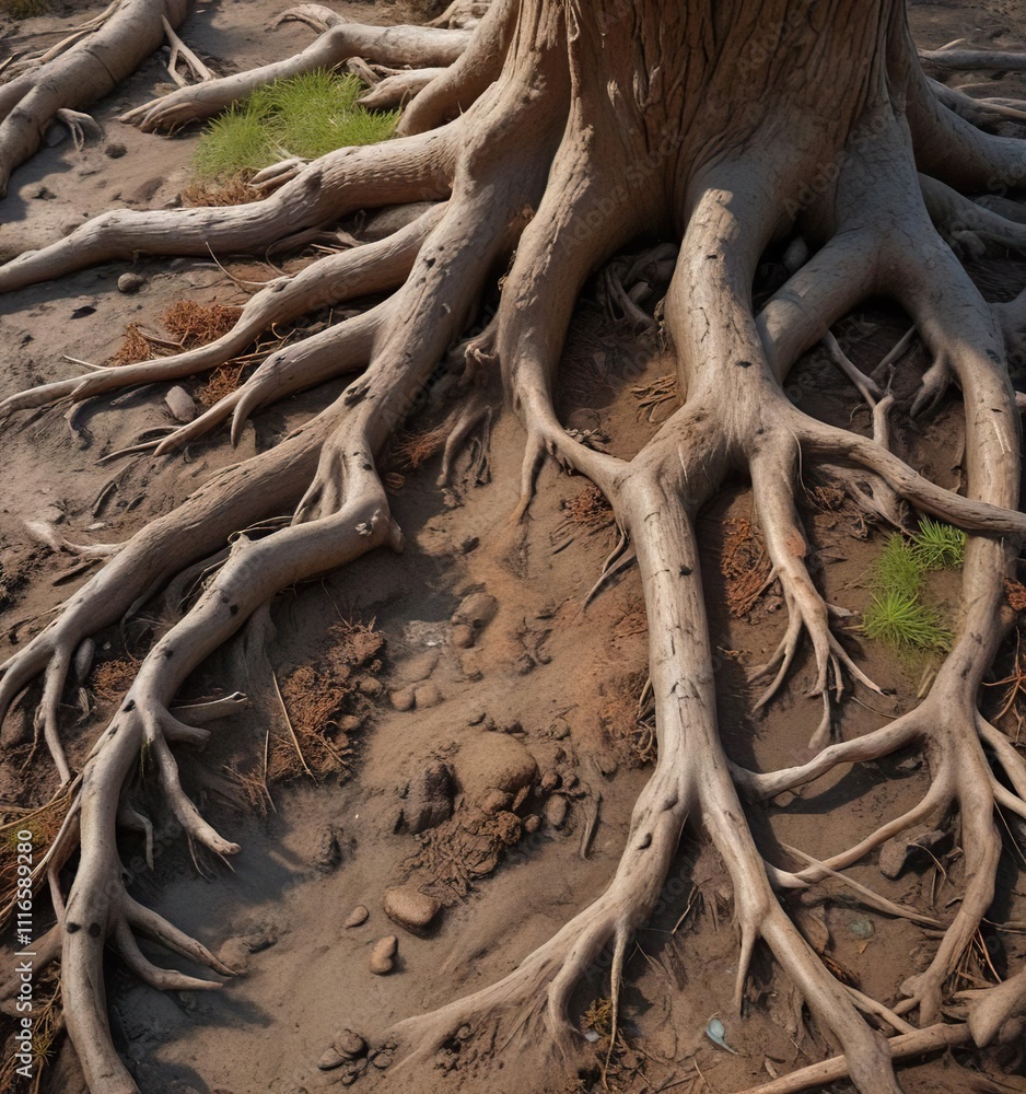 Tree roots with beaver gnaw marks and shavings, woodworking debris, tree roots, log splitting