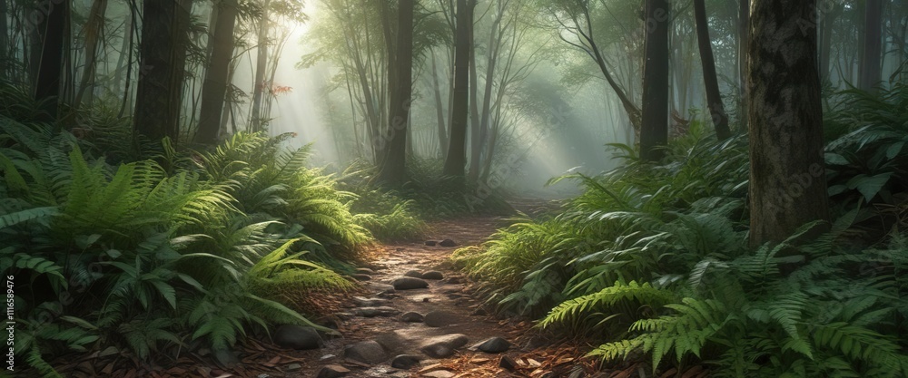 Forest floor covered with fallen bamboo leaves and ferns , ferns, , natural vegetation Forest floor covered with fallen bamboo leaves and ferns , ferns, , natural vegetation