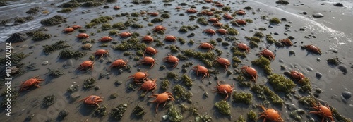 Seaweed-covered mud flat with small crabs and shellfish, bay of fundy, seaweed, mud flat