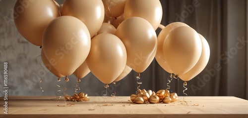 arrangement of beige helium balloons on a table, decorative centerpiece, beige photo