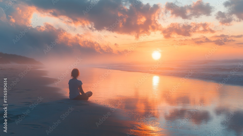 Fototapeta premium As the sun sets on the horizon, a person sits quietly on the shoreline, surrounded by gentle waves and vibrant colors reflecting on the water.