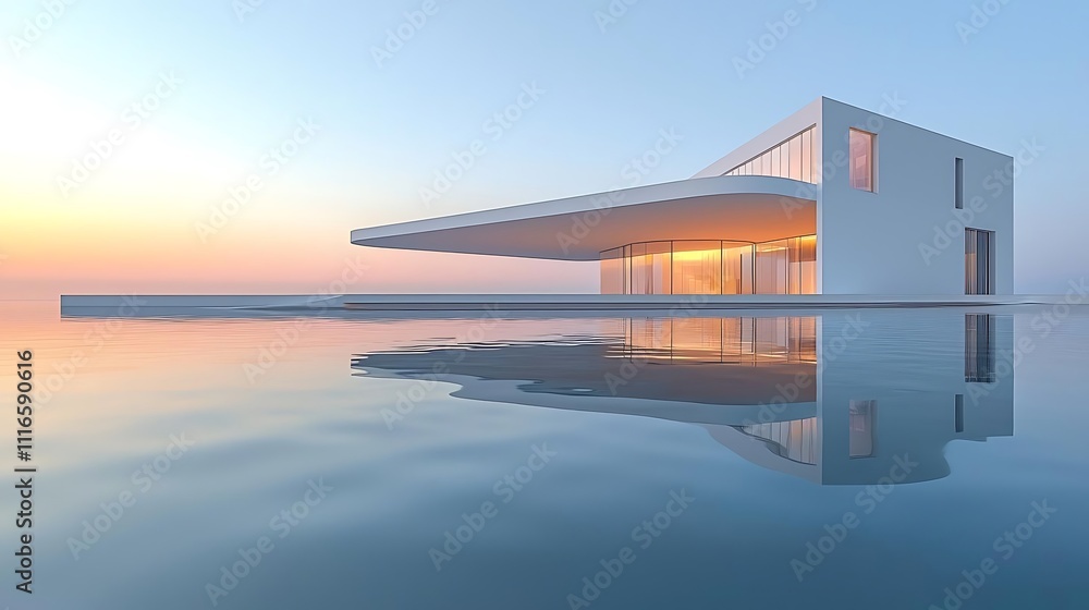 Obraz premium Modern Minimalist House Oceanfront Sunset Reflection Luxury Architecture