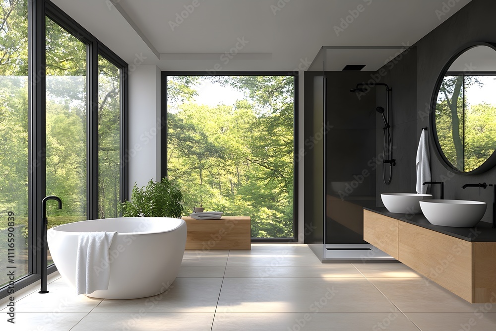 Modern Bathroom with Freestanding Tub and Forest Vie. A Serene Retreat Featuring Large Windows, Double Sinks, and Contemporary Design Elements for a Luxurious and Tranquil Experience. Modern Bathroom with Freestanding Tub and Forest Vie. A Serene Retreat Featuring Large Windows, Double Sinks, and Contemporary Design Elements for a Luxurious and Tranquil Experience.