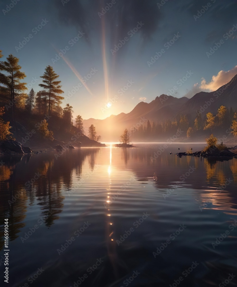 A series of beams of light dance across the surface of a calm lake, nature, illumination, pink orange glow A series of beams of light dance across the surface of a calm lake, nature, illumination, pink orange glow