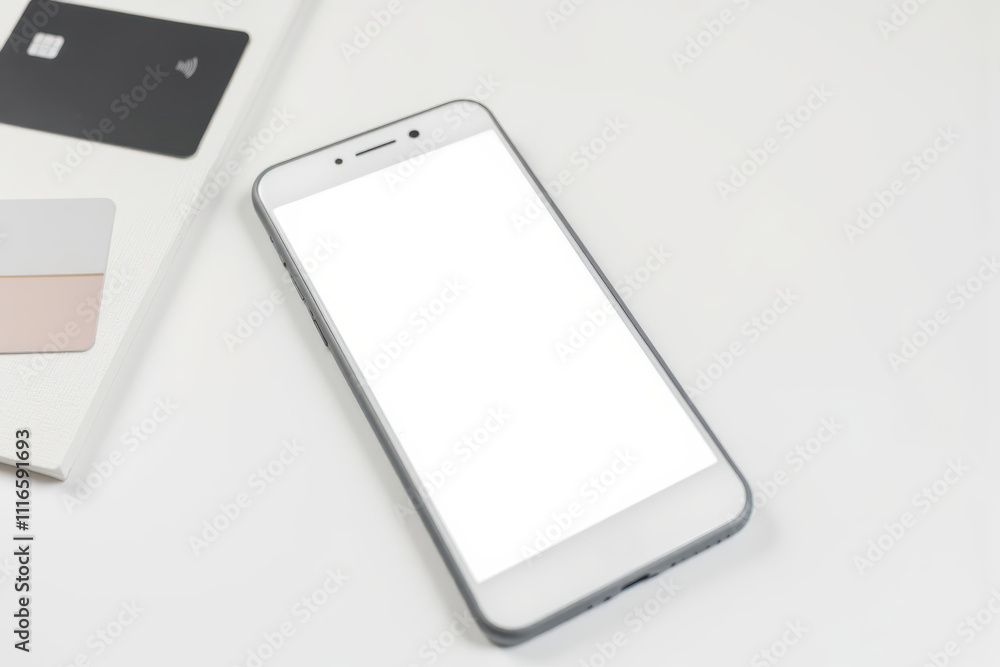 Modern Smartphone Display Mockup for Digital Payment Process on Minimalist Background with Payment Card and Wireless Symbols Modern Smartphone Display Mockup for Digital Payment Process on Minimalist Background with Payment Card and Wireless Symbols