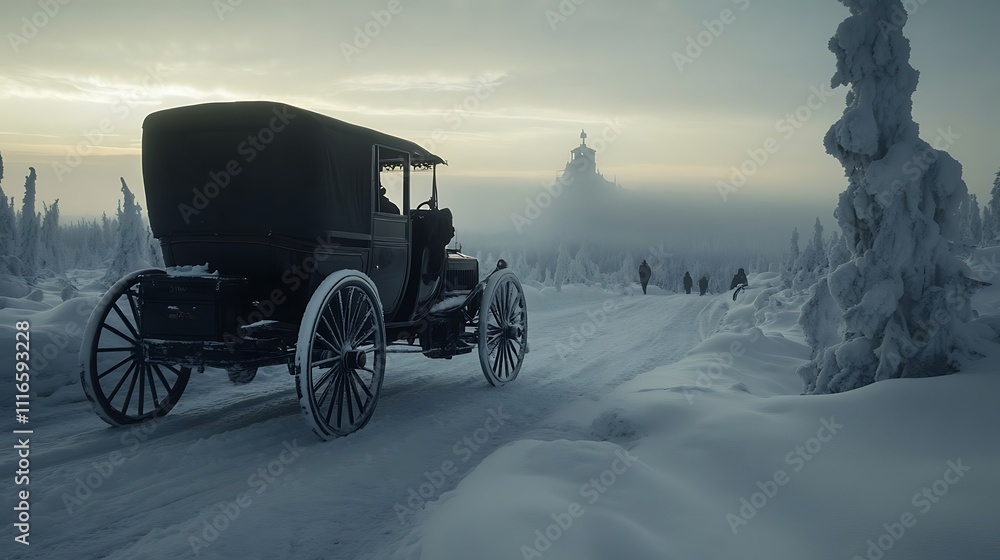 Fototapeta premium A Black Carriage Driving Through a Snowy Landscape with Silhouetted Figures in the Distance