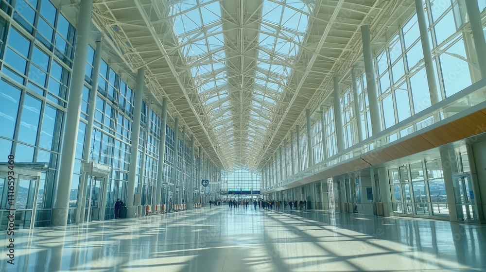 Modern airport terminal interior bright sunlight through glass roof Modern airport terminal interior bright sunlight through glass roof