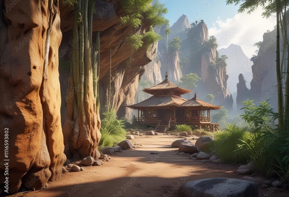 Fototapeta premium Valley geysers with geologist formations and unique rock structures in the background of the bamboo hut, wilderness exploration, outdoor adventure, natural wonder