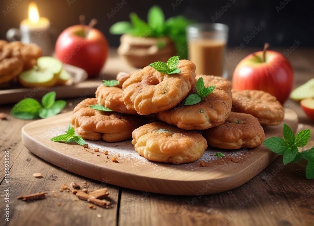 Fototapeta premium Wooden Table with Fresh Apple Fritters and Mint Cinnamon Dust , dessert, crunchy