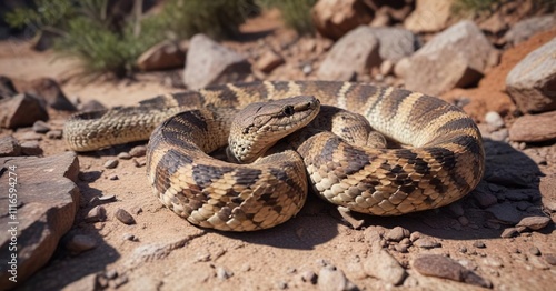 Desert rattlesnake on rocky terrain with mottled bark , crotalus, desert landscape photo