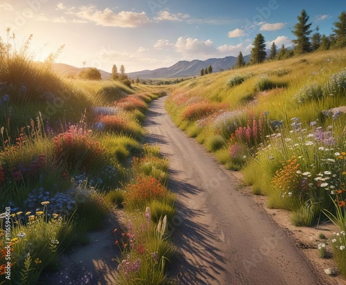 A narrow asphalt road winds its way through a dense summer meadow filled with vibrant wildflowers and tall grasses , summermeadow, wildflower, field photo