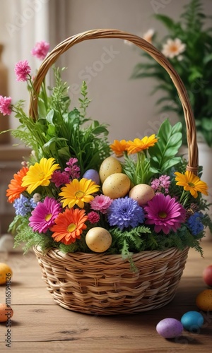 Colorful Easter basket filled with vibrant flowers and fresh greens, easter goodies, easter gift, floral arrangement