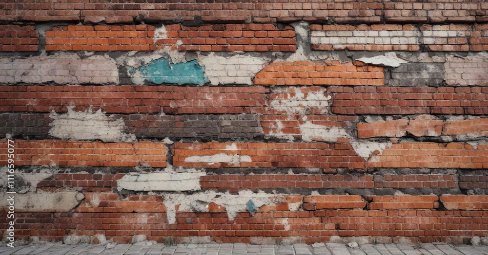 Obraz premium Uneven brick wall with peeling paint and worn mortar, cracked joints, uneven brickwork, architectural feature