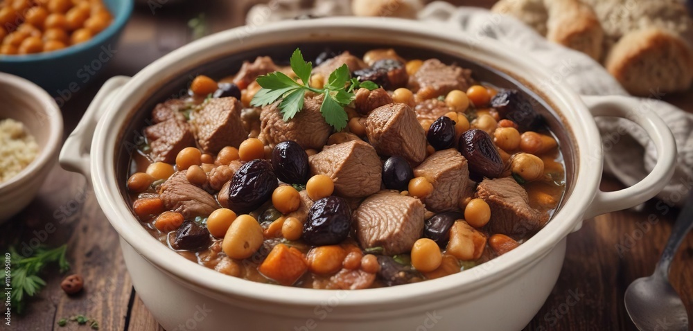 Warm and comforting lamb stew with chickpeas and prunes , flavorful sauce, lamb Warm and comforting lamb stew with chickpeas and prunes , flavorful sauce, lamb