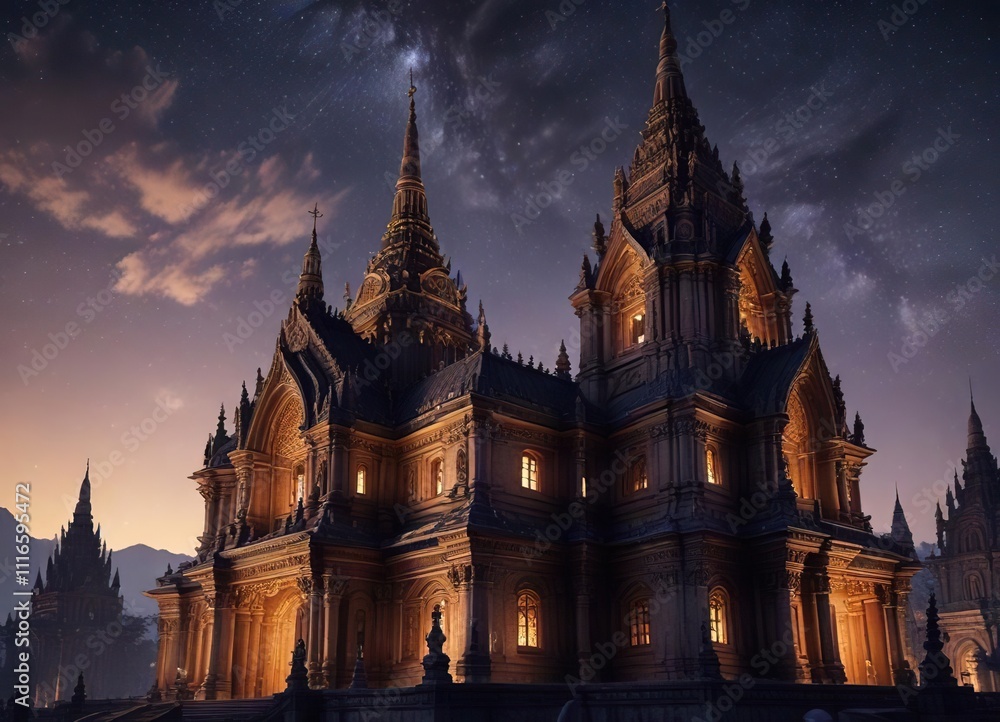 Fototapeta premium Grandiose temple complex with towering spires and intricate carvings under a starry night sky , temple complex, majestic