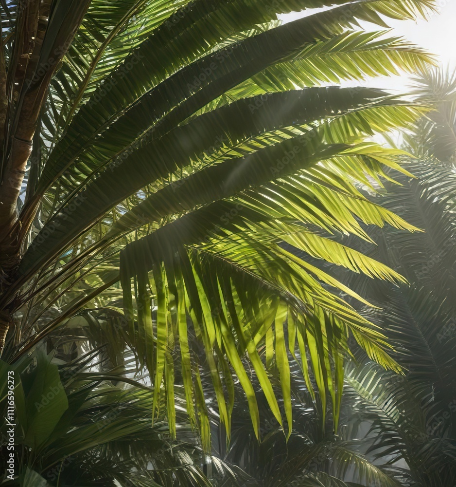 Fototapeta premium Palm fronds with sunlight filtering through the gaps, leafy, tropical