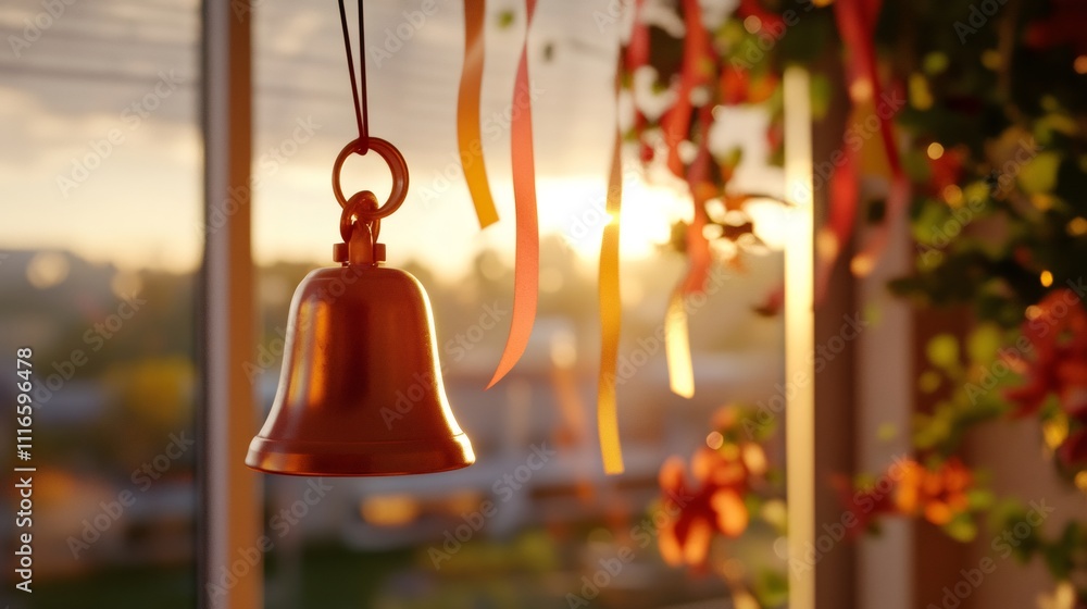 Obraz premium victory bell ceremony, a peaceful image of a cancer survivor ringing a bell in a hospital room, marking the end of their treatment journey, with ribbons in the background