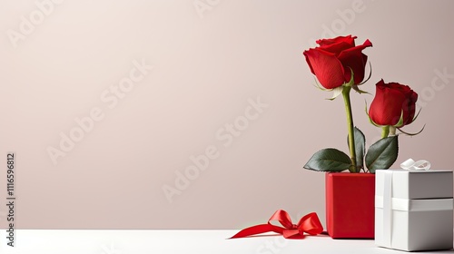 Minimalistic and elegant Valentine's Day concept, red rose in a delicate vase, a small gift box with a satin ribbon, photo