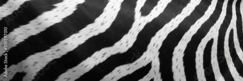 A close-up view of striking zebra stripes in black and white, perfect for designs, fashion, or wildlife themes. photo