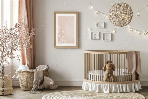 Poster frame mockup in a childa??s room showcasing an oval crib design photo