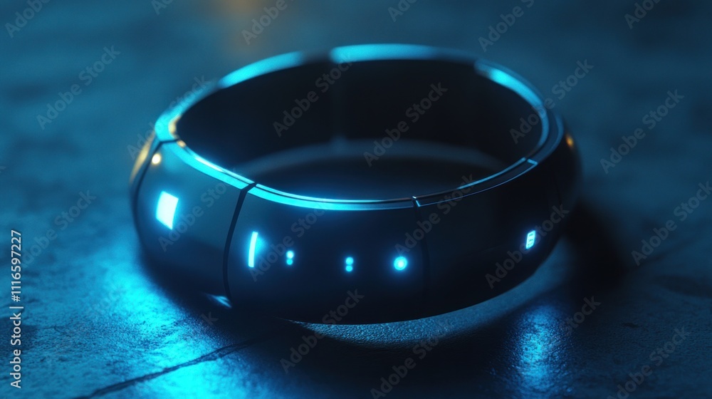 Futuristic glowing smart ring on dark surface. Futuristic glowing smart ring on dark surface.