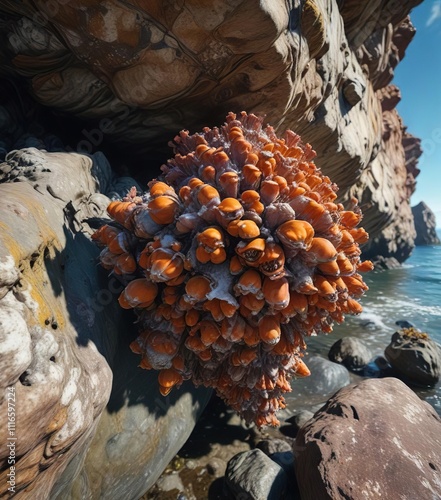 Individual barnacles clinging to the underside of a sea-worn rock formation , seaweed, rock formations