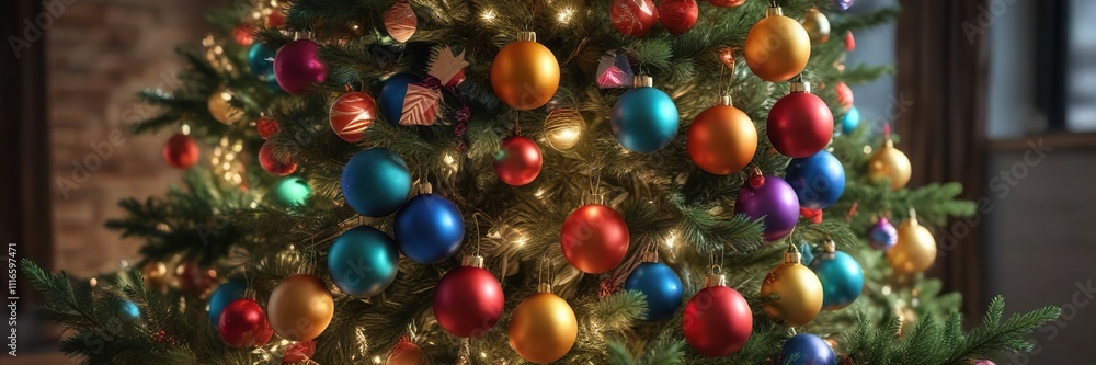 Colorful Balls Stacked Around the Christmas Tree, stack, around the tree Colorful Balls Stacked Around the Christmas Tree, stack, around the tree
