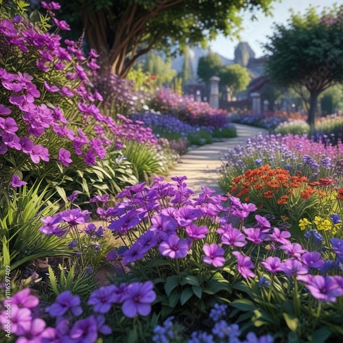 Purple Flowers in a Vibrant and Colorful Garden, vibrant garden, floral arrangement