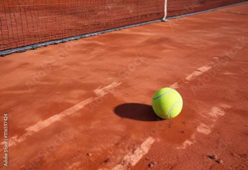 Tennis ball lying flat on a red clay tennis court surface, placement, tennis ball, evenness