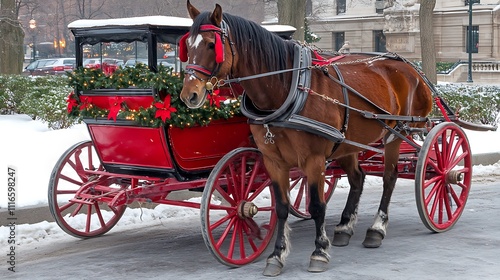 Horse-Drawn Carriage Decorated with Christmas Greenery and Lights in Snowy City Setting photo