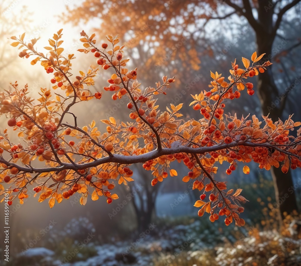 Sunny Morning Frost Covering Tree Branches with Autumn Leaves and Rose Hips, autumn leaves, snowflakes, natural scenery Sunny Morning Frost Covering Tree Branches with Autumn Leaves and Rose Hips, autumn leaves, snowflakes, natural scenery