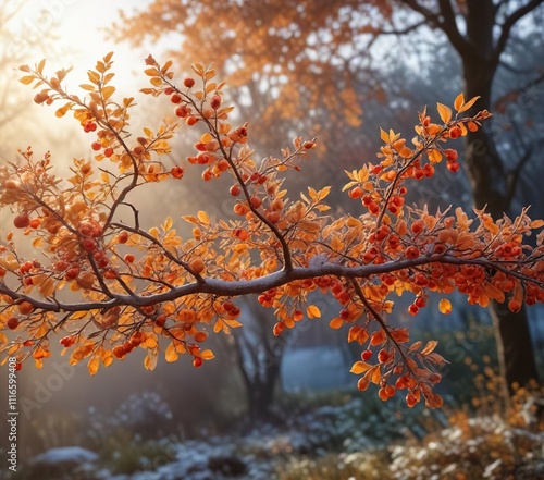 Sunny Morning Frost Covering Tree Branches with Autumn Leaves and Rose Hips, autumn leaves, snowflakes, natural scenery