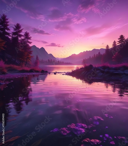 Wallpaper Mural A beautiful sunset over a peaceful lake with purple neon color waves on its surface, fading light, tranquil scene Torontodigital.ca