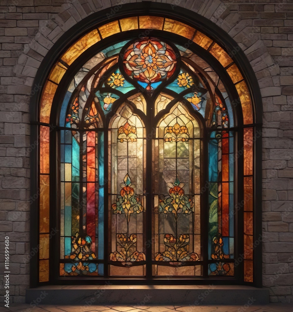 Colorful stained glass window in an arched window frame, stained glass, backsteinhaus, geometric shapes Colorful stained glass window in an arched window frame, stained glass, backsteinhaus, geometric shapes