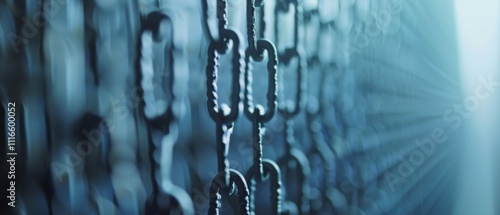 A row of chains, in sharp focus, hangs against a softly blurred background, creating a visual play of light and shadow. photo