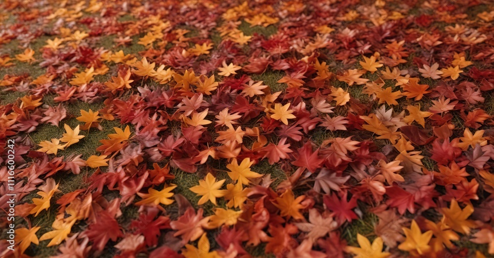 A carpet of vibrant orange and red oak leaves blanketing the ground, leaf litter, forest background