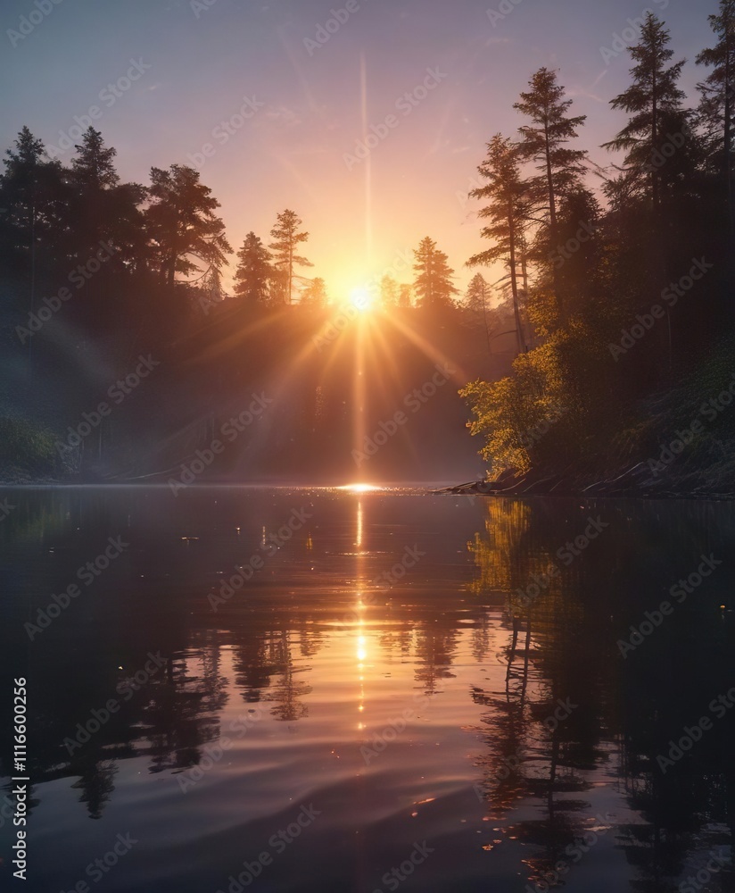 A series of beams of light dance across the surface of a calm lake, ripples, nature, sunset colors A series of beams of light dance across the surface of a calm lake, ripples, nature, sunset colors