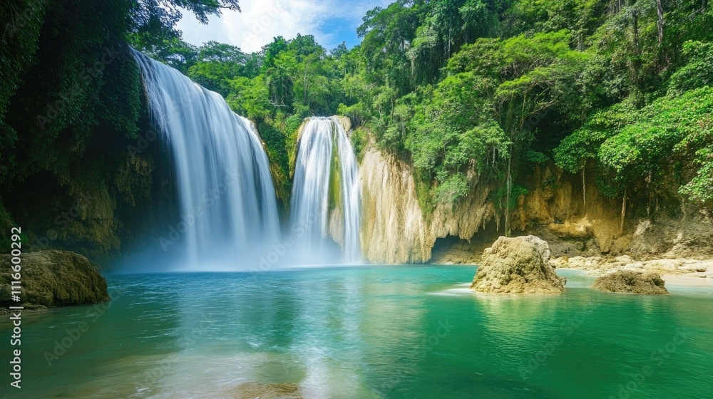 Fototapeta premium Serene Waterfall Cascading into Lush Green Pool