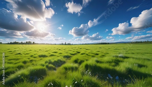 A vibrant green meadow stretches out as far as the eye can see under a brilliant blue sky with just a few fluffy white clouds, lush landscape, natural beauty photo