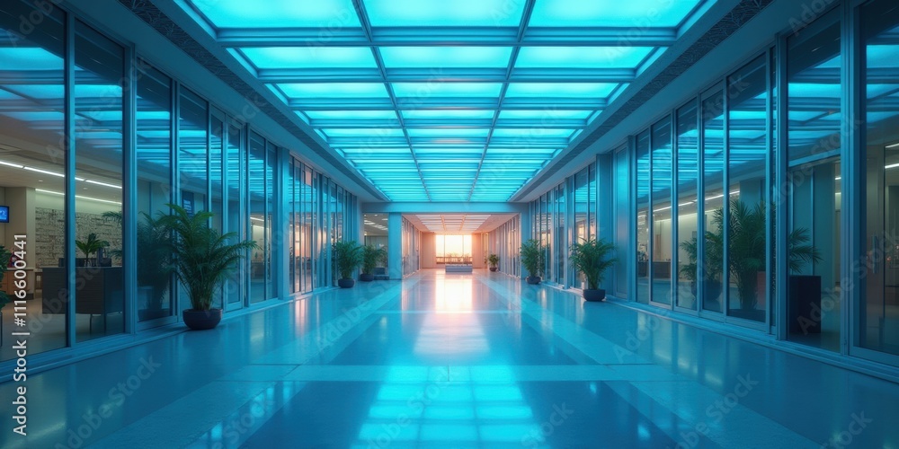 Fototapeta premium A modern, illuminated corridor with blue lighting and glass walls, showcasing a sleek design perfect for corporate, architectural, and interior design projects.