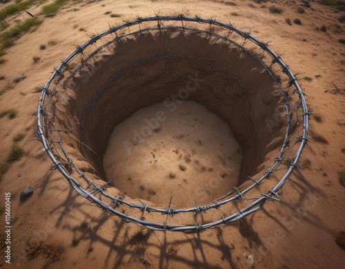 Barbed wire mesh covering a large hole in the ground, risk, underground excavation photo