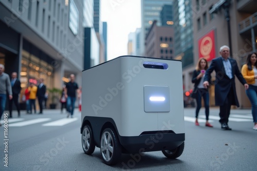 Autonomous Delivery Robot Navigating a Busy Urban Street with Pedestrians and Modern Architecture in the Background