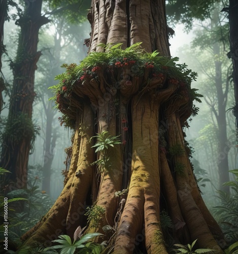 Large Balanophora fungosa plant colonizing a tree trunk in the rainforest, epiphytic plant, epipitic growth, air plant photo