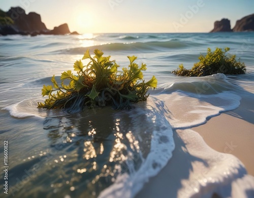 Seaweed swaying gently in the waves of Aspronisi beach, ocean, seaweed, marine life photo