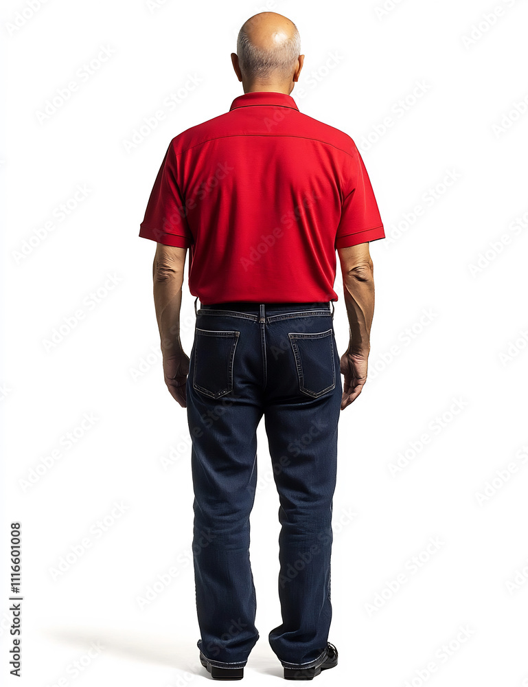 Fototapeta premium Mature Hispanic Man Wearing Red Soccer Shirt Standing on White Background