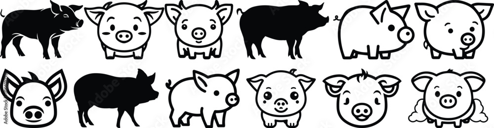 Fototapeta premium Pig silhouettes set, animal pack of vector silhouette design, isolated background