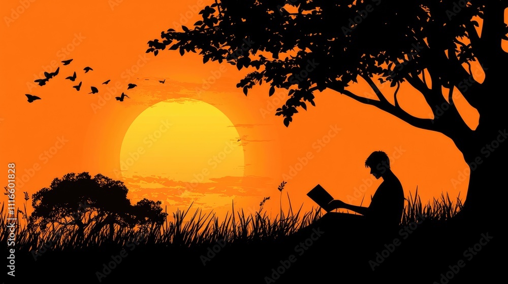 Silhouette of a Young Man Immersed in a Book in a Serene Park at Sunset Silhouette of a Young Man Immersed in a Book in a Serene Park at Sunset