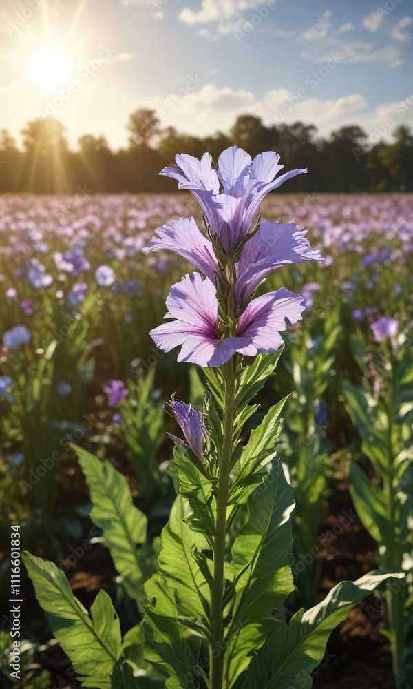 Fototapeta premium A field of Belgian chicory in full bloom with the sun shining down on the plants , agricultural field, sun, natural beauty